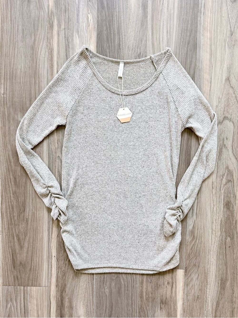 NWT PinkBlush Gray Ruched Ribbed Knit Top Size S